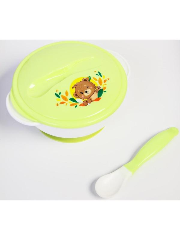 Набор детской посуды «Друзья», 3 предмета: тарелка на присоске, крышка, ложка, цвет зелёный