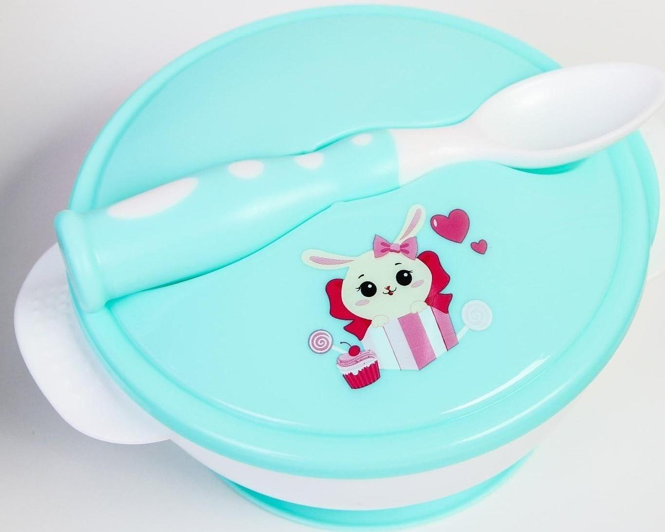 Набор детской посуды «Зайчик», 3 предмета: тарелка на присоске, крышка, ложка, цвет бирюзовый