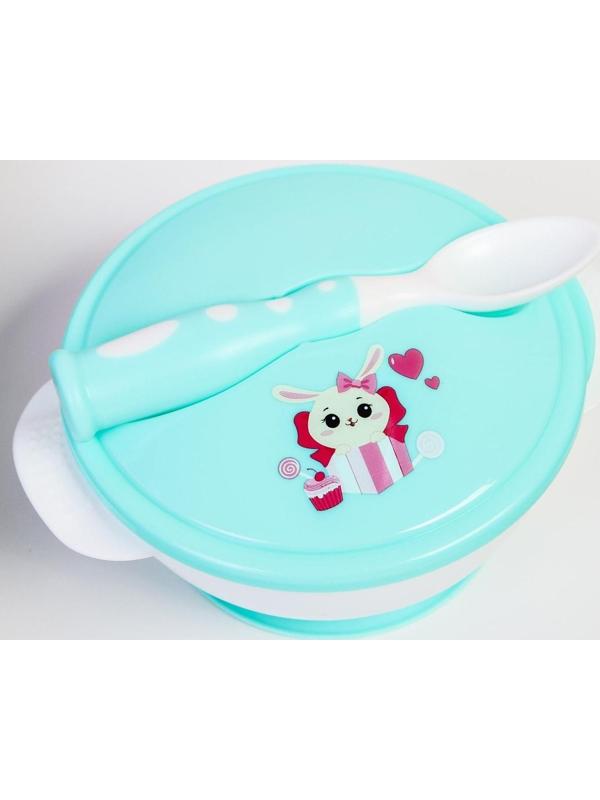 Набор детской посуды «Зайчик», 3 предмета: тарелка на присоске, крышка, ложка, цвет бирюзовый