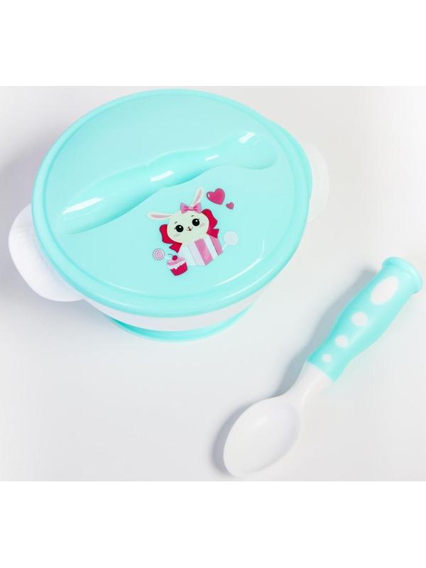 Набор детской посуды «Зайчик», 3 предмета: тарелка на присоске, крышка, ложка, цвет бирюзовый