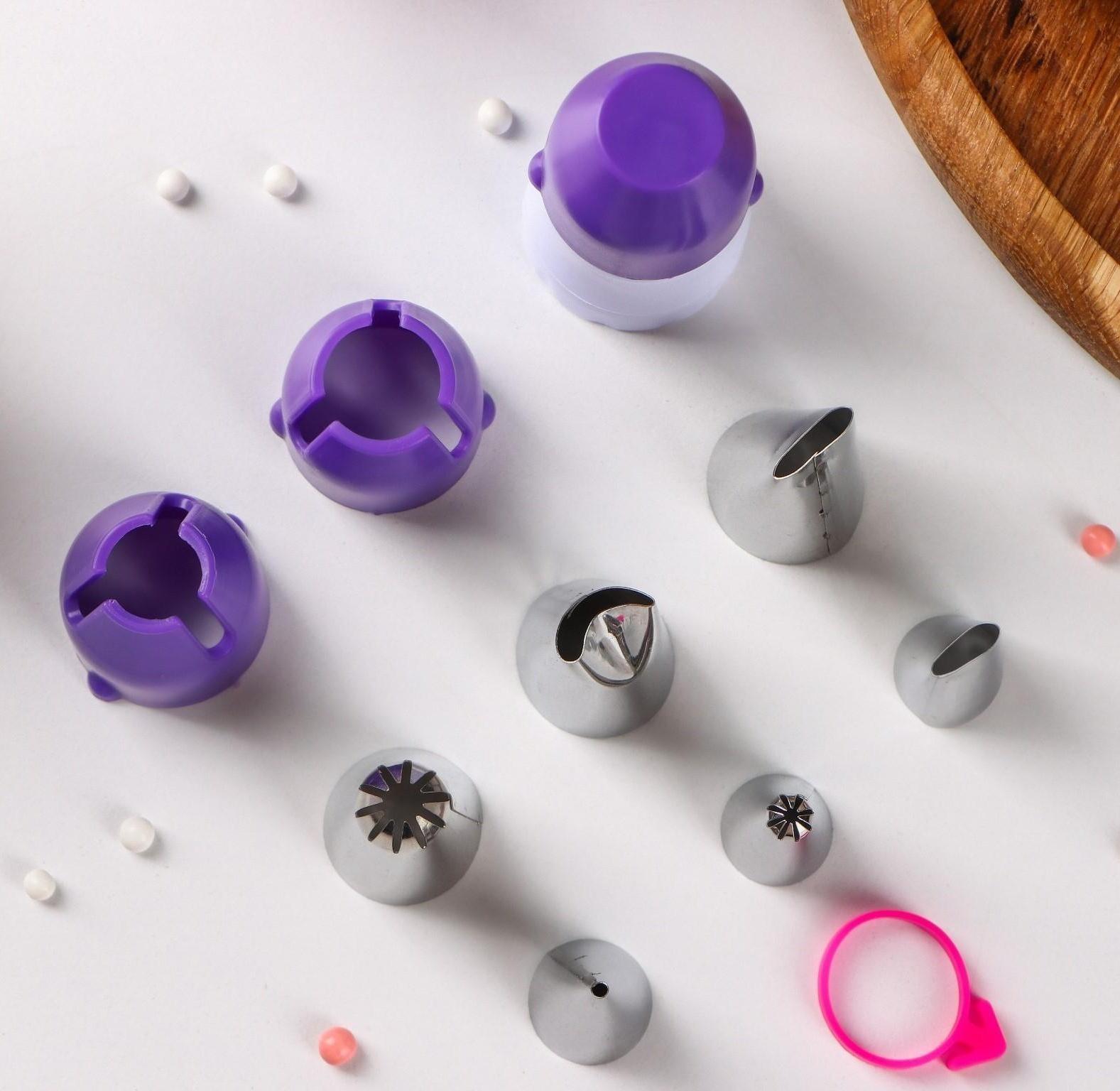 Набор насадок кондитерских Доляна, 6 шт, адаптер с колпачком, 2 переходника, зажим для мешка