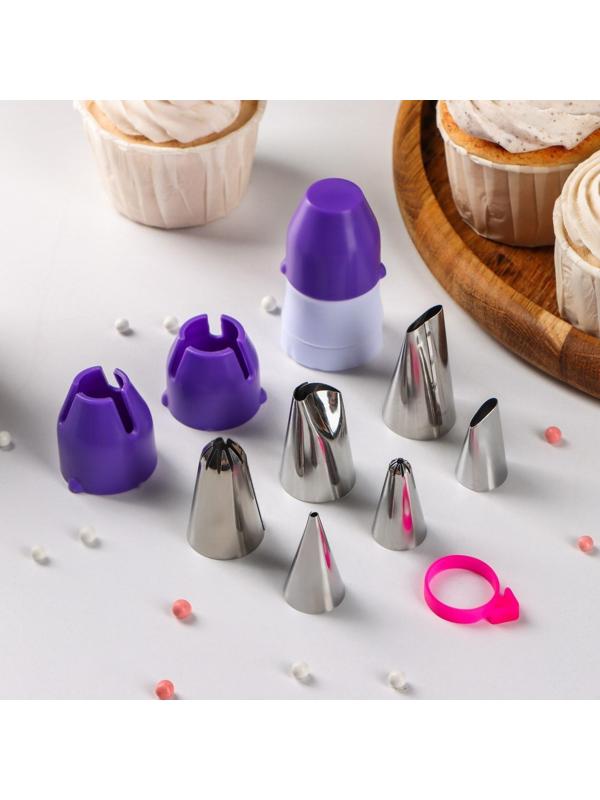 Набор насадок кондитерских Доляна, 6 шт, адаптер с колпачком, 2 переходника, зажим для мешка