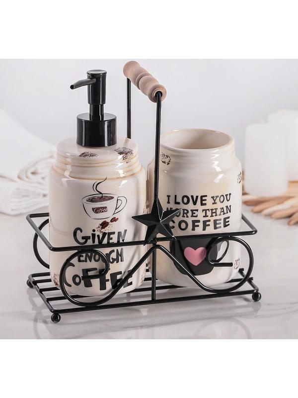 Набор для кухни «Кофе», 2 предмета: дозатор для моющего средства 500 мл, стаканчик 500 мл, на подставке