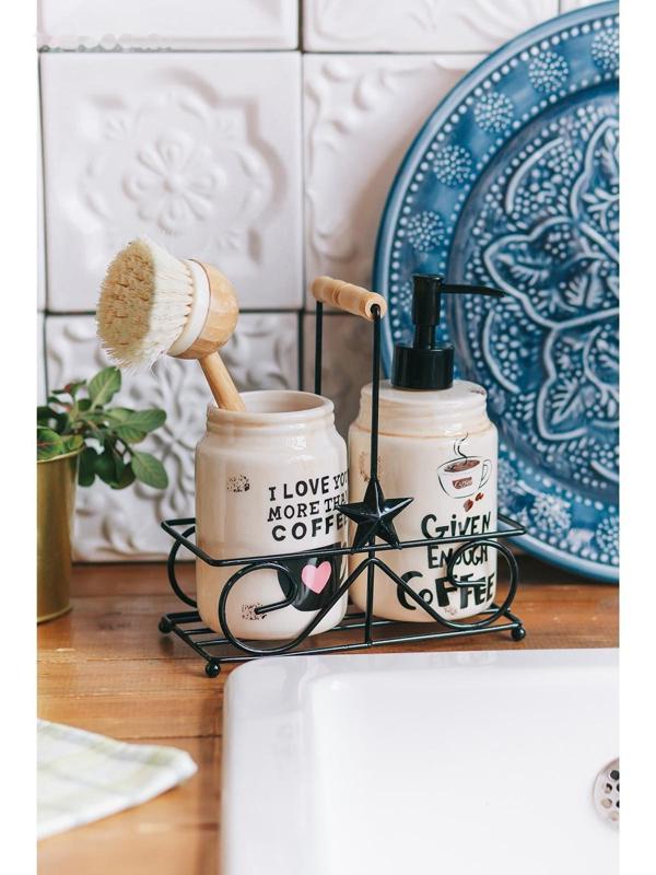 Набор для кухни «Кофе», 2 предмета: дозатор для моющего средства 500 мл, стаканчик 500 мл, на подставке