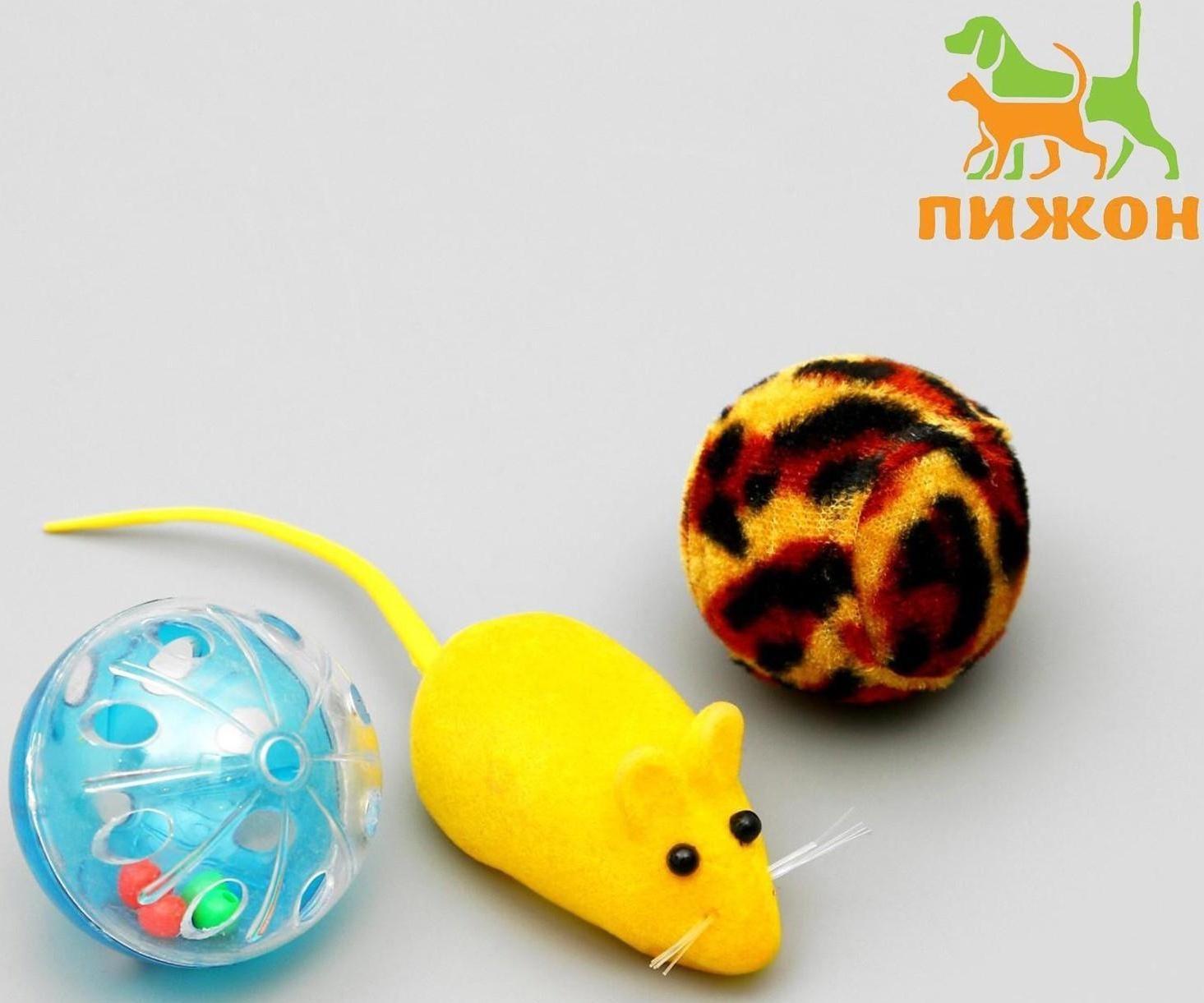 Набор игрушек для кошек: мышь 6 см и 2 шарика, микс цветов