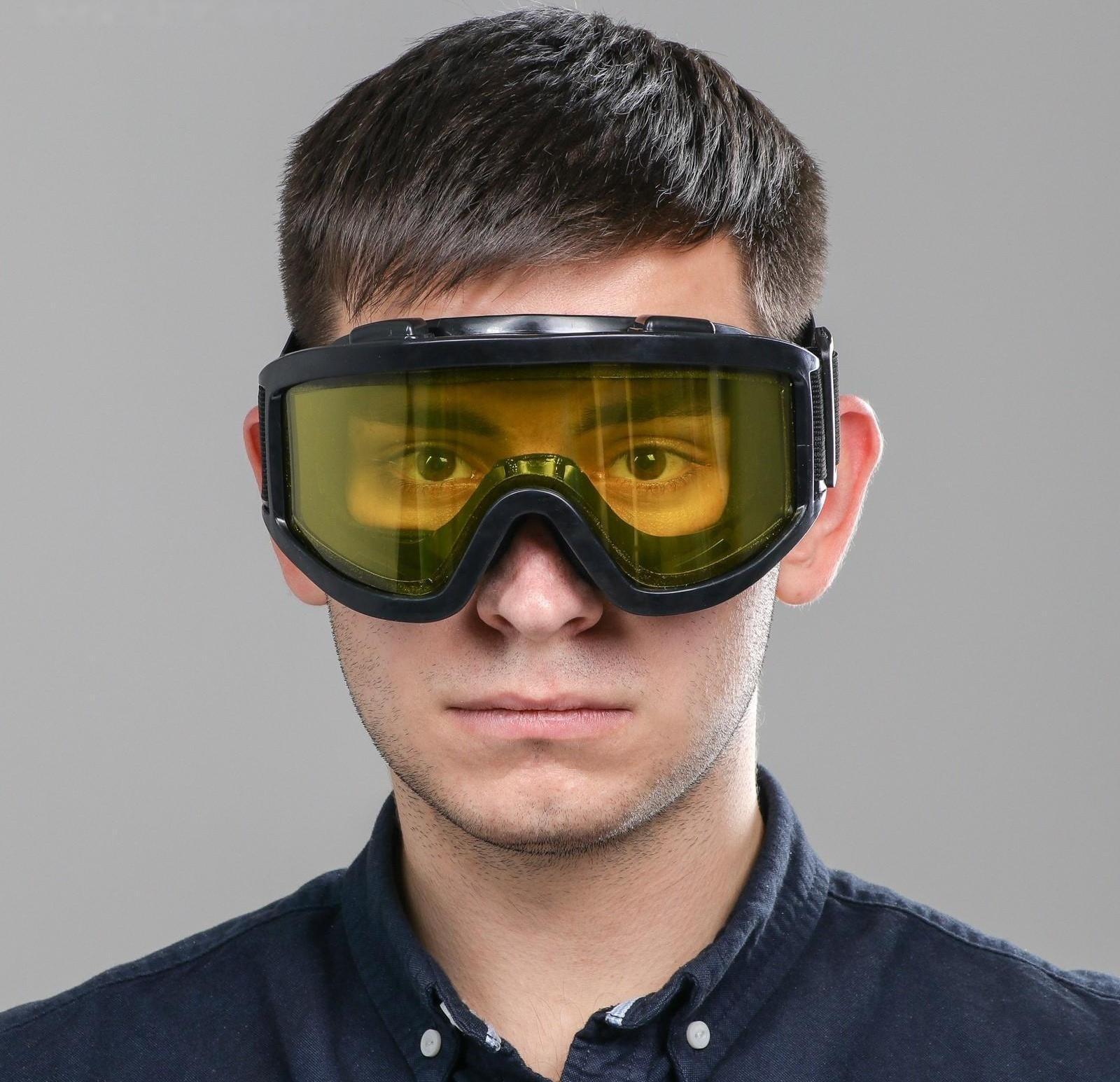 Очки-маска для езды на мототехнике, стекло двухслойное желтое, цвет черный