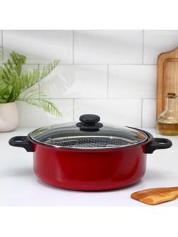 Кастрюля «Ренард», 4 л, стеклянная крышка, сетка фри 26×9 см, антипригарное покрытие, цвет красный