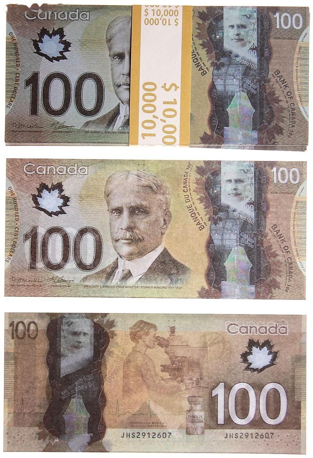 Пачка купюр 100 канадских долларов