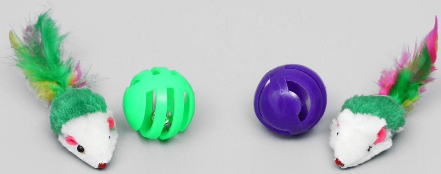 Набор игрушек для кошек: мышь 5 см и шарик с бубенчиком 3,8 см, микс цветов