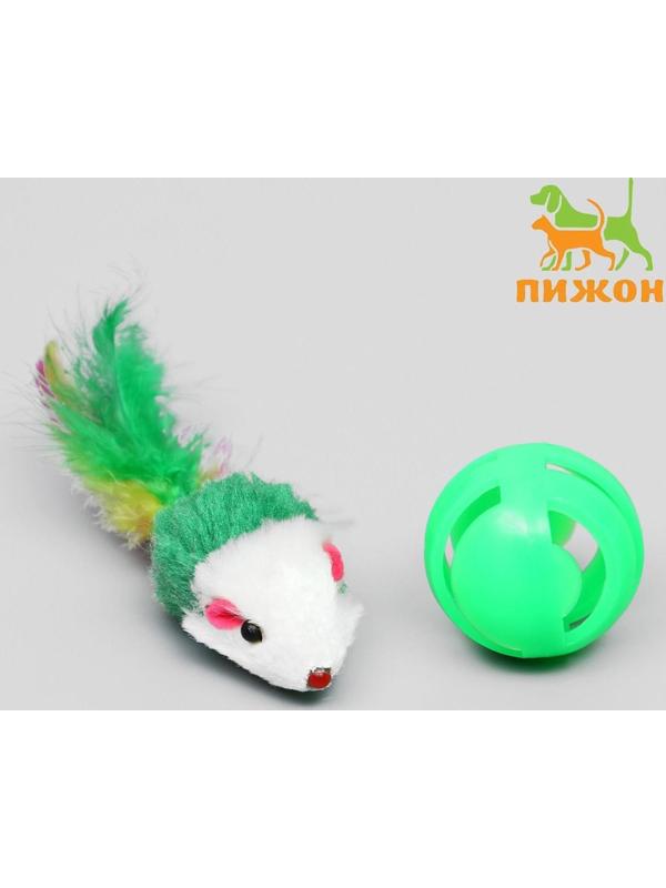Набор игрушек для кошек: мышь 5 см и шарик с бубенчиком 3,8 см, микс цветов