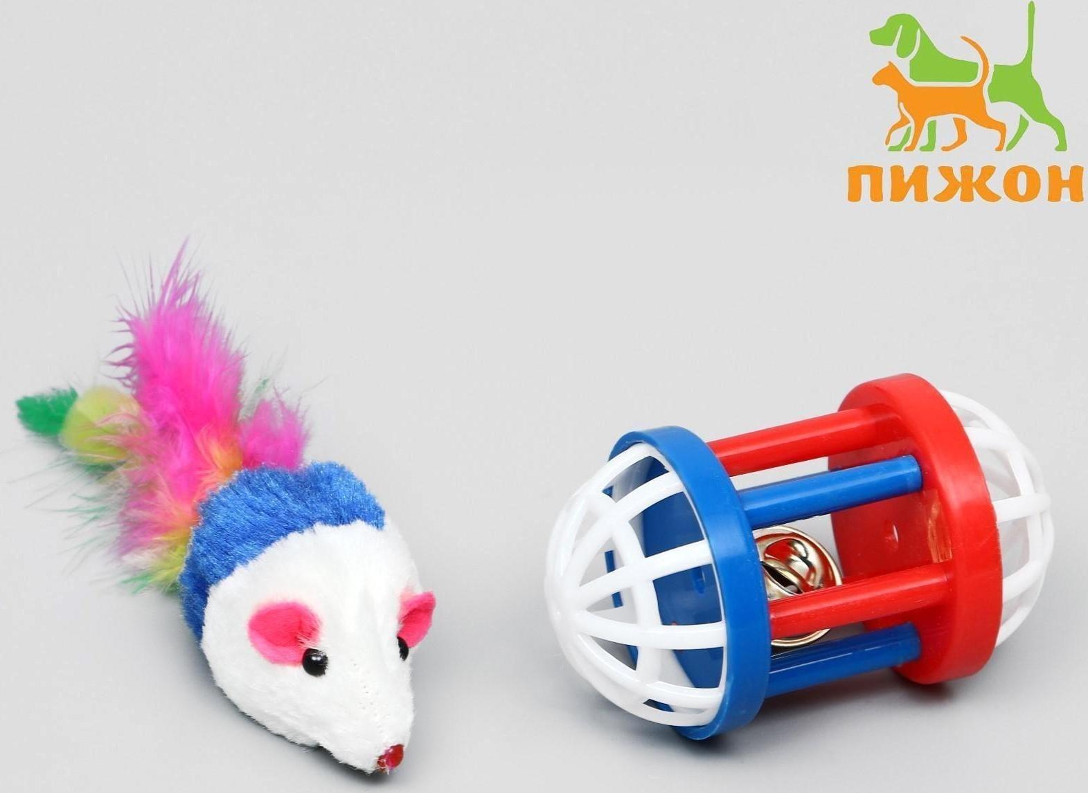 Набор игрушек для кошек: мышь 5 см и игрушка с бубенчиком «Амфитеатр», 6,8 х 4 см, микс цветов