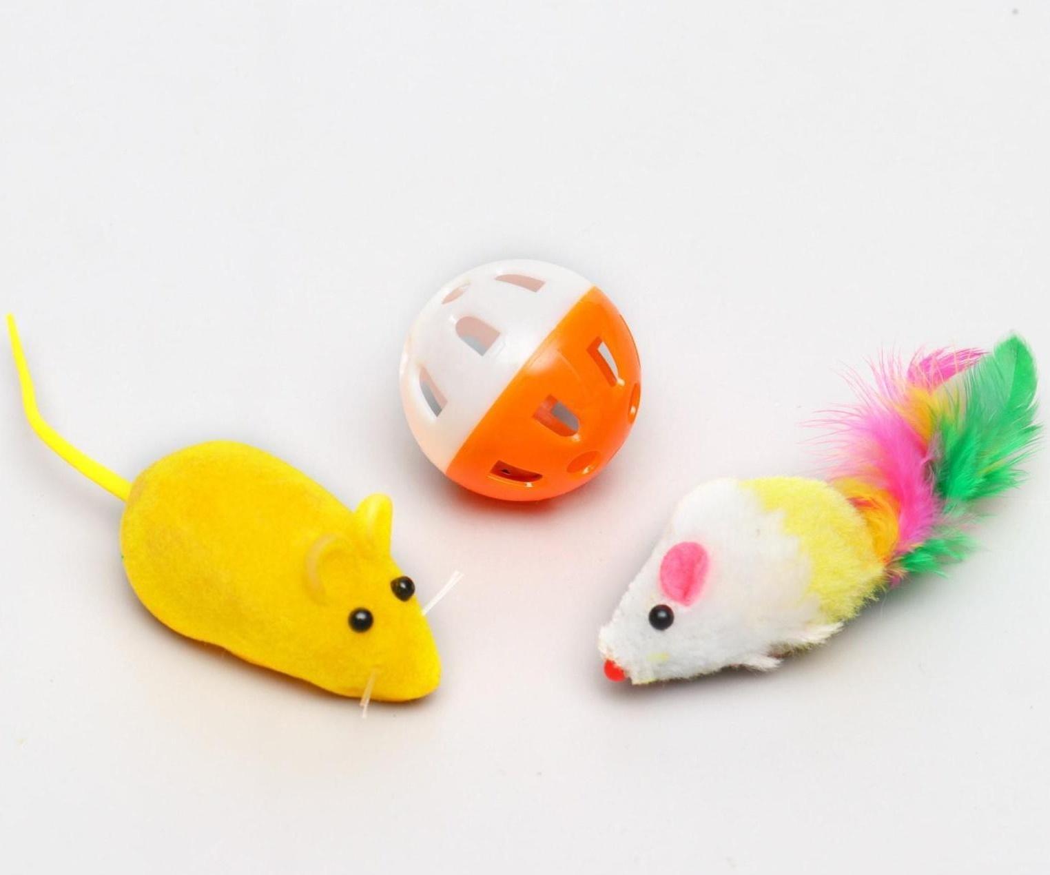 Набор игрушек для кошек: 2 мыши (5 и 6 см) и шарик 3,8 см, микс цветов