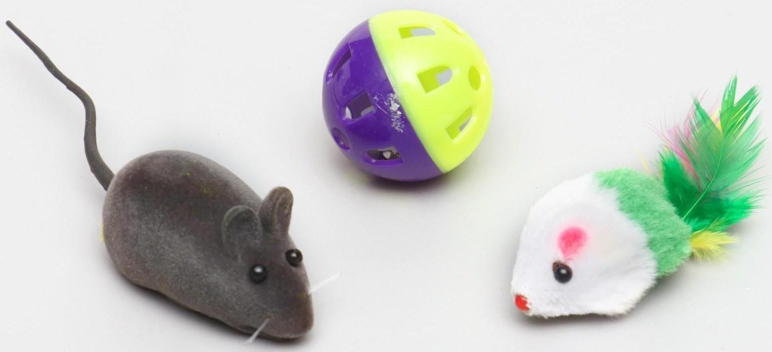 Набор игрушек для кошек: 2 мыши (5 и 6 см) и шарик 3,8 см, микс цветов