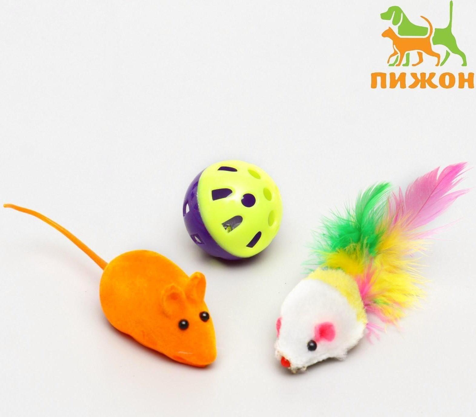 Набор игрушек для кошек: 2 мыши (5 и 6 см) и шарик 3,8 см, микс цветов