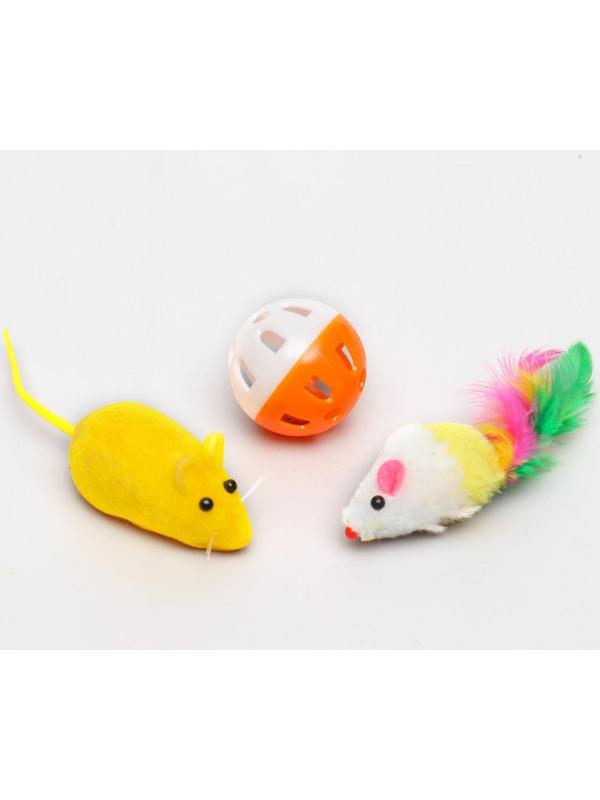 Набор игрушек для кошек: 2 мыши (5 и 6 см) и шарик 3,8 см, микс цветов