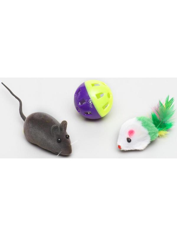 Набор игрушек для кошек: 2 мыши (5 и 6 см) и шарик 3,8 см, микс цветов