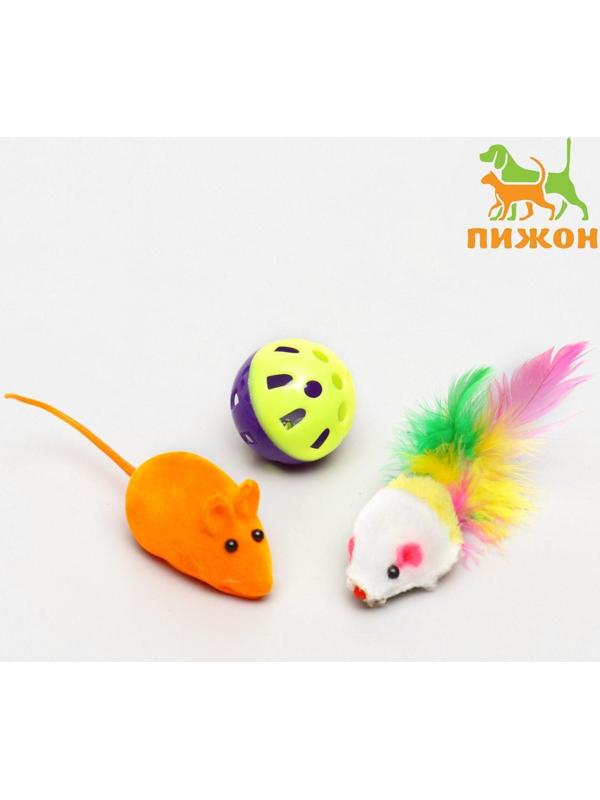 Набор игрушек для кошек: 2 мыши (5 и 6 см) и шарик 3,8 см, микс цветов