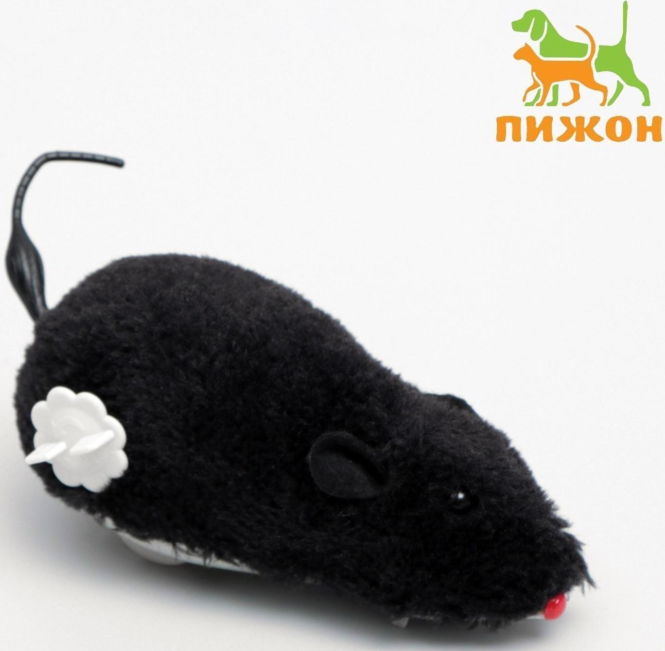 Мышь заводная меховая, 12 см, чёрная