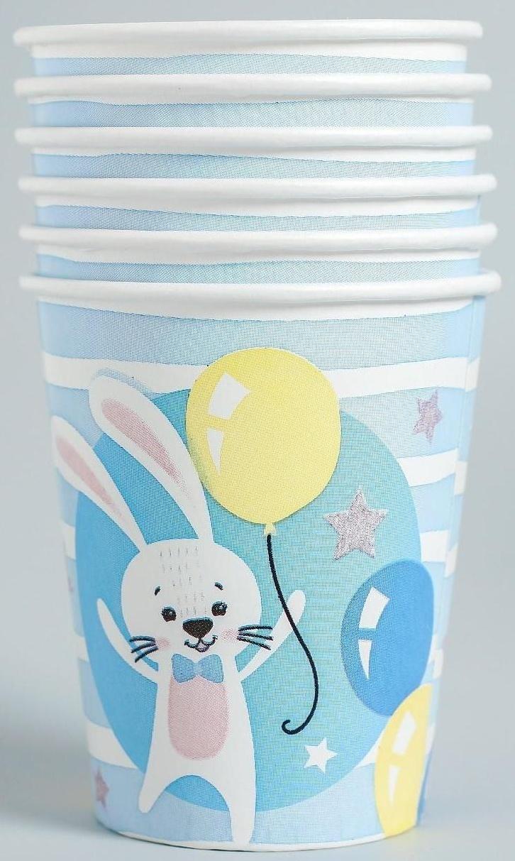 Набор бумажной посуды «С днём рождения. 2 годика», 6 тарелок, 6 стаканов, 6 колпаков, 1 гирлянда, цвет голубой