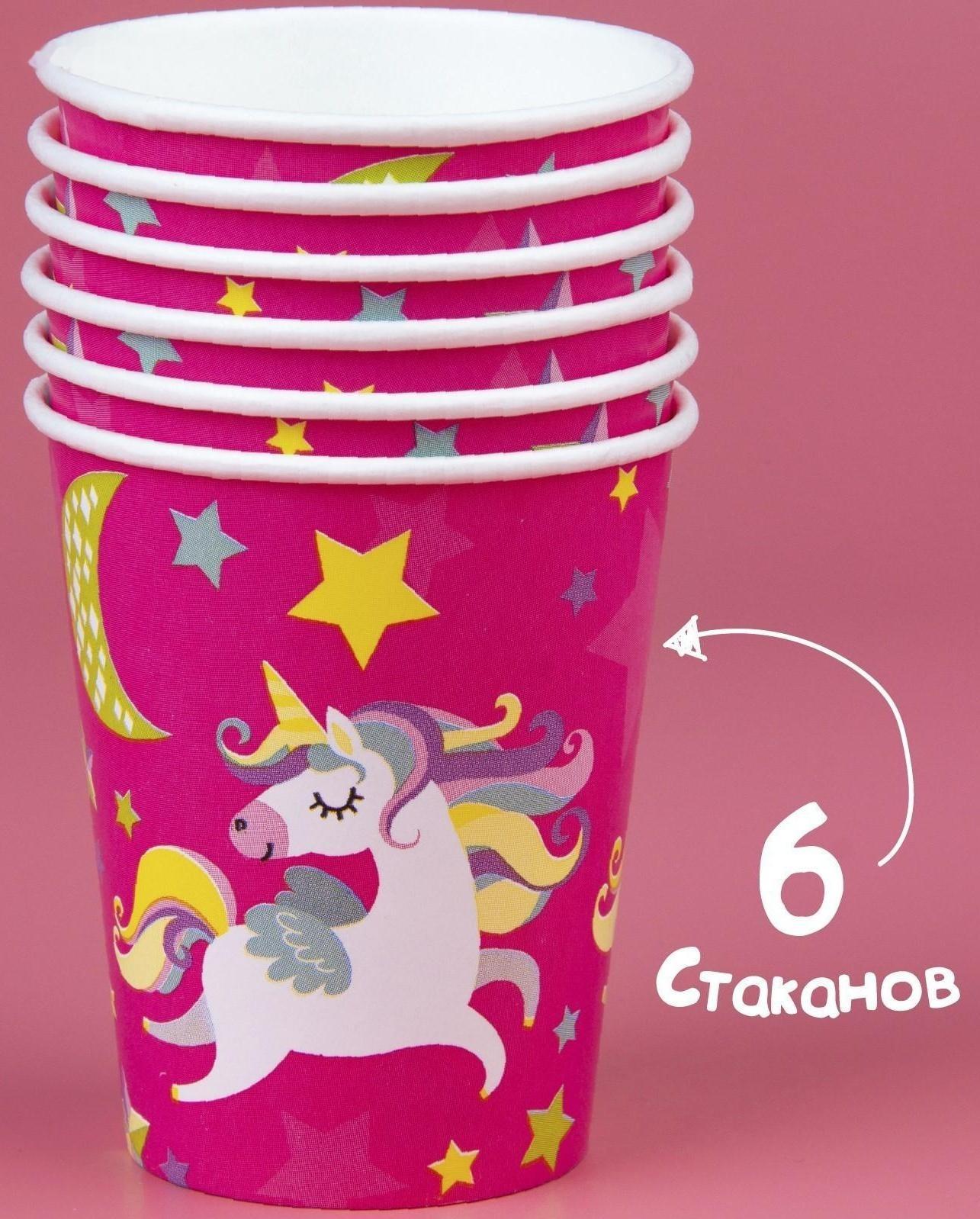 Набор бумажной посуды «С днём рождения. Единорожек», 6 тарелок, 6 стаканов, 6 колпаков, 1 гирлянда