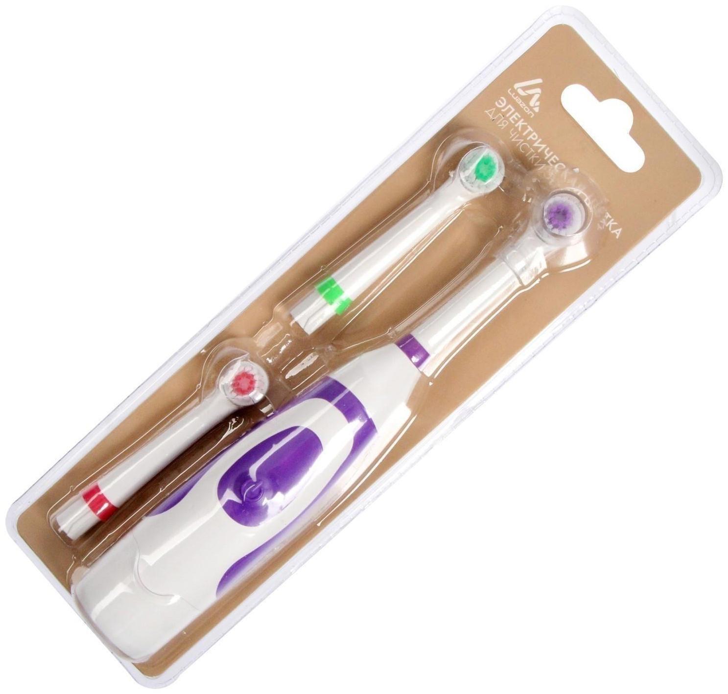 Электрическая зубная щётка Luazon LP-001, 3 насадки, от 2xАА (не в комплекте), МИКС