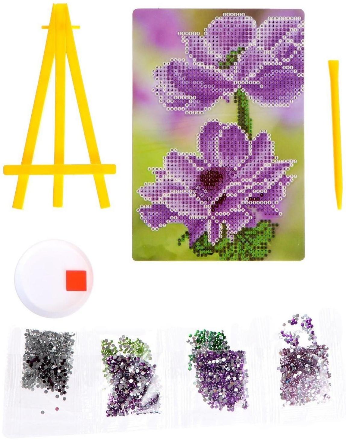 Алмазная мозаика стразами с частичным заполнением на подставке «Цветы» + холст 13 х 19 см. Набор для творчества