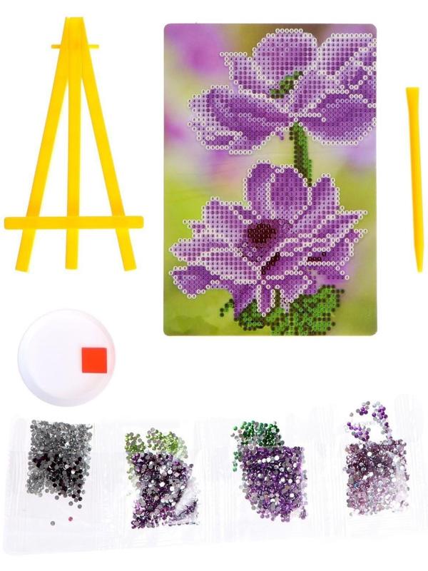 Алмазная мозаика стразами с частичным заполнением на подставке «Цветы» + холст 13 х 19 см. Набор для творчества