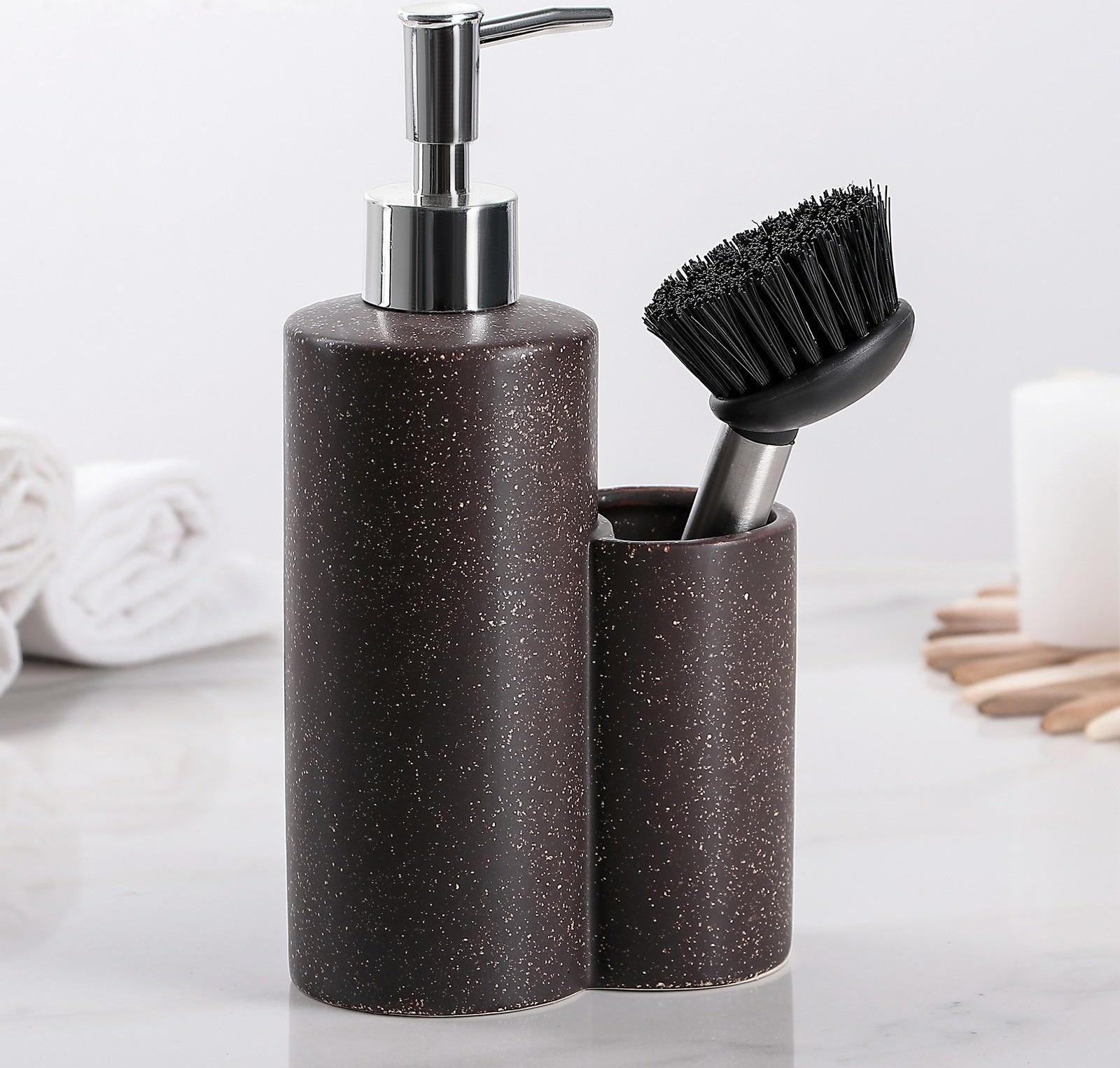 Дозатор для моющего средства с щёткой «Минимал», 400 мл, цвет коричневый