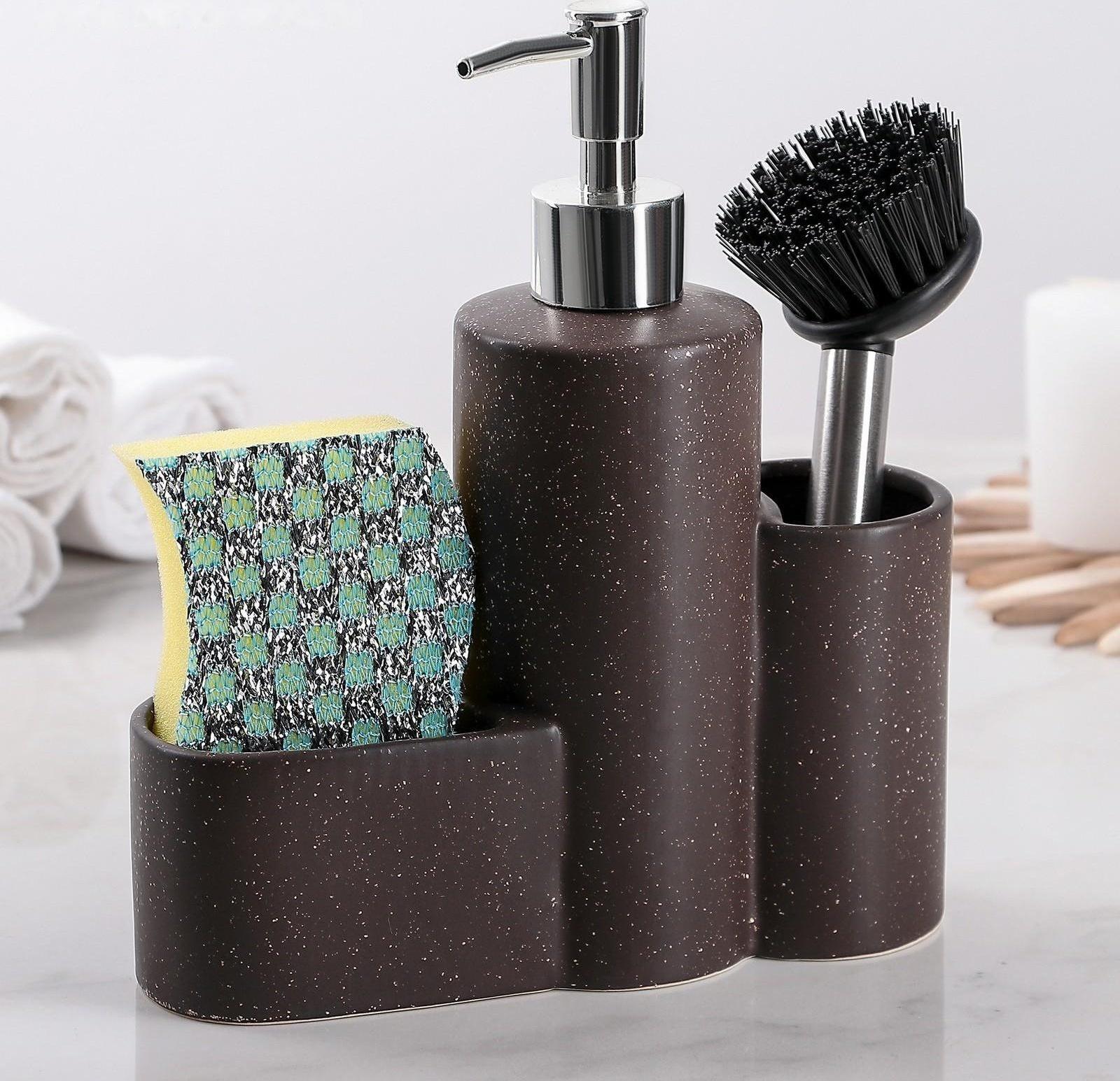 Дозатор для моющего средства с подставкой для губки и щётки «Минимал», 350 мл, цвет светло-коричневый