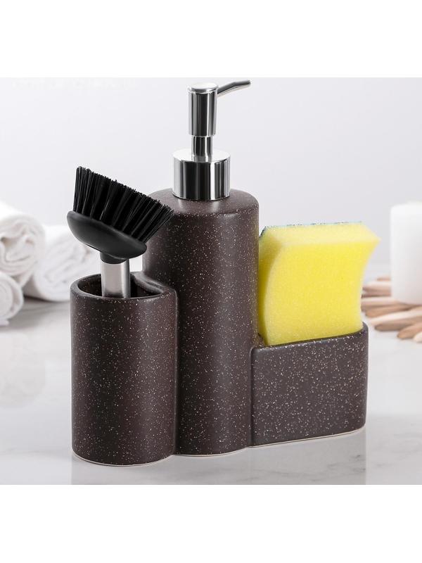 Дозатор для моющего средства с подставкой для губки и щётки «Минимал», 350 мл, цвет светло-коричневый