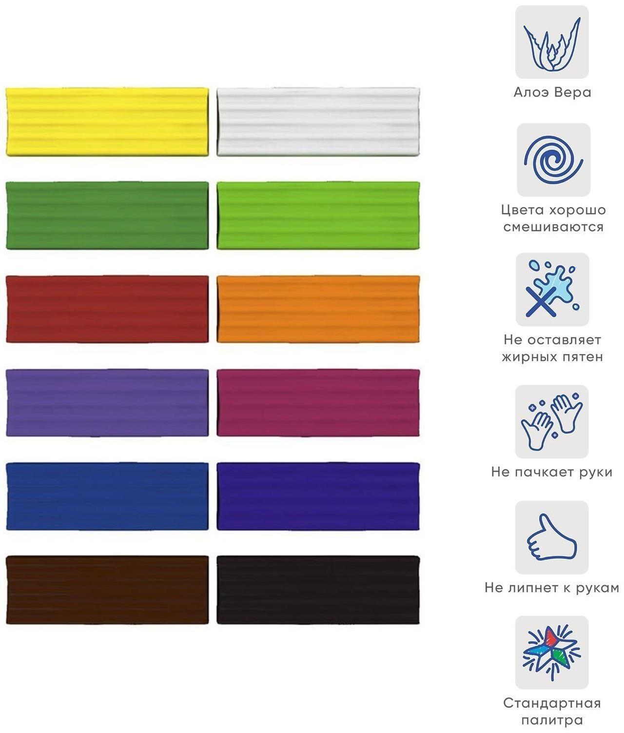 Пластилин 12 цветов 216 г, ErichKrause, с алоэ вера, со стеком, индивидуальная упаковка брусков, в картонной упаковке, европодвес