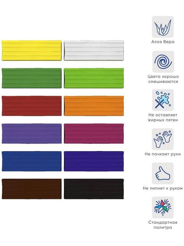 Пластилин 12 цветов 216 г, ErichKrause, с алоэ вера, со стеком, индивидуальная упаковка брусков, в картонной упаковке, европодвес