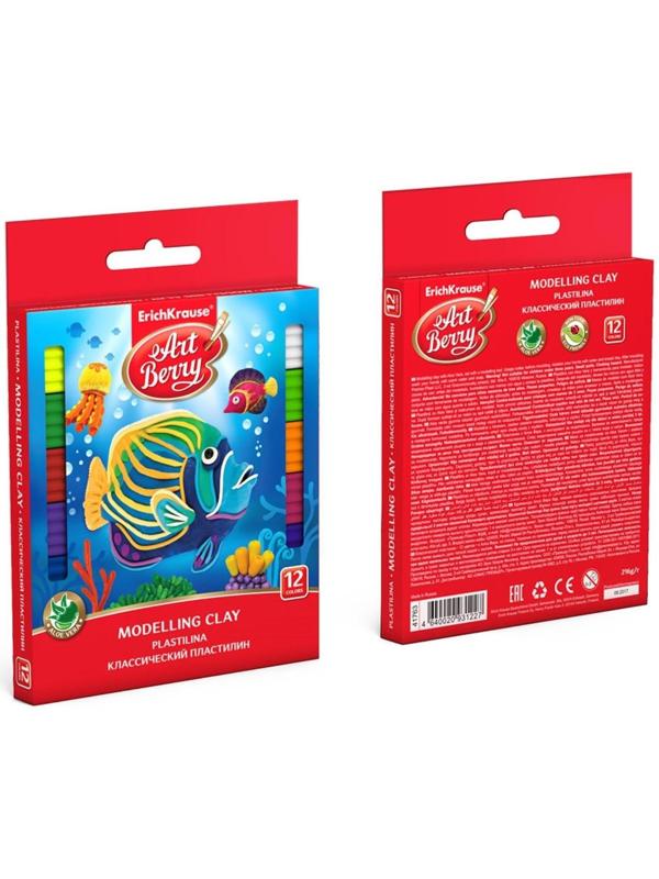 Пластилин 12 цветов 216 г, ErichKrause, с алоэ вера, со стеком, индивидуальная упаковка брусков, в картонной упаковке, европодвес