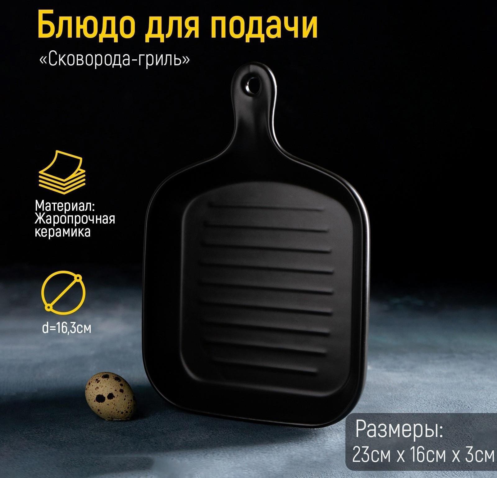 Блюдо из жаропрочной керамики для подачи Доляна «Сковорода-гриль», 23×16×3 см, цвет чёрный