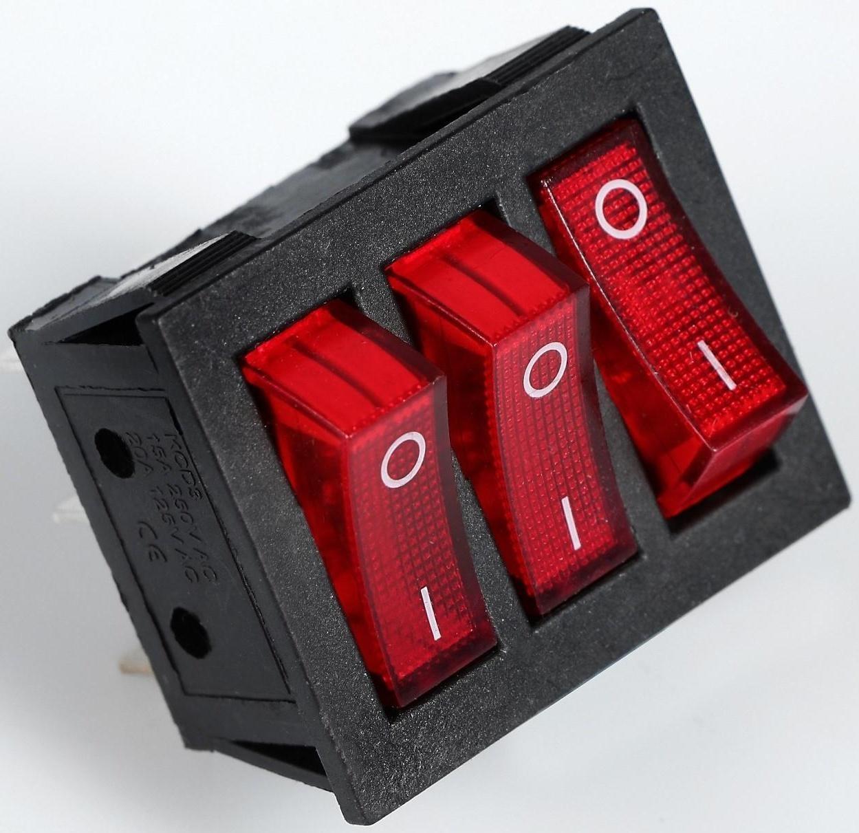 Выключатель трехклавишный с подсветкой, красный