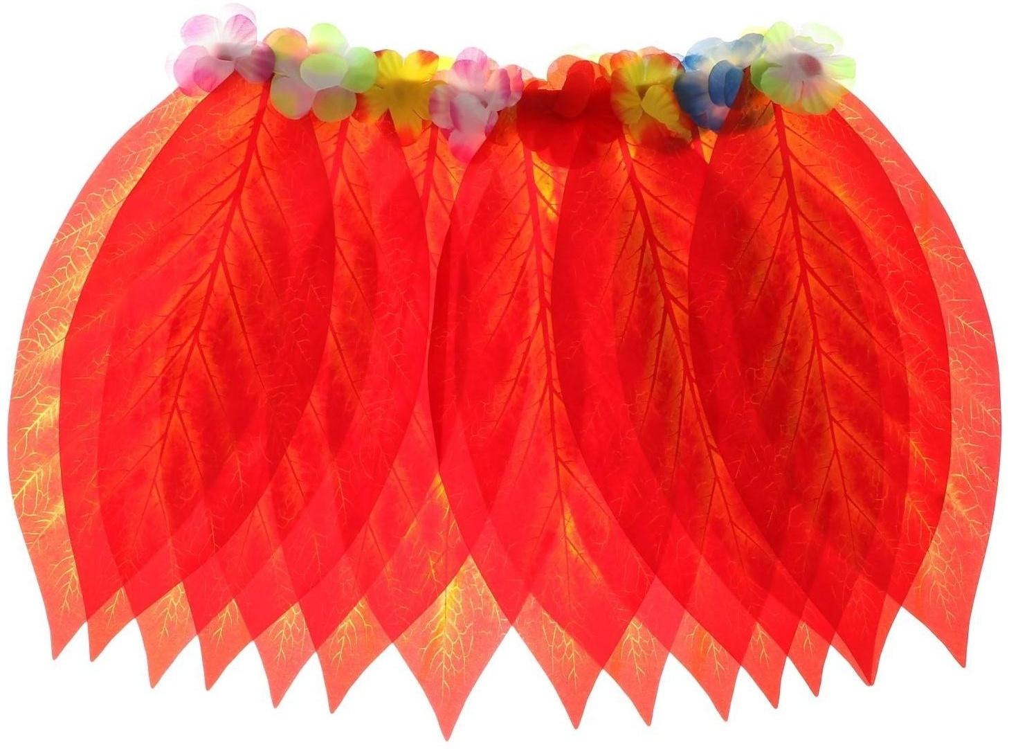 Гавайская юбка «Листики красные и цветочки» 36 см