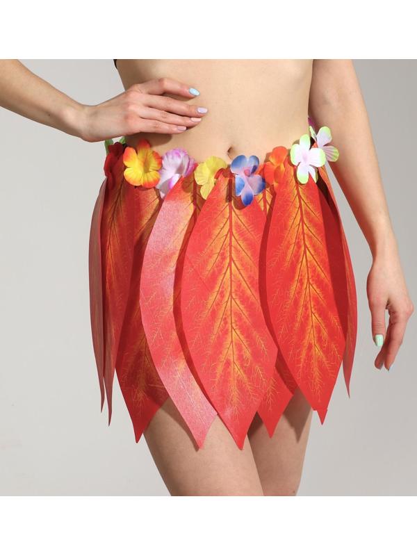Гавайская юбка «Листики красные и цветочки» 36 см