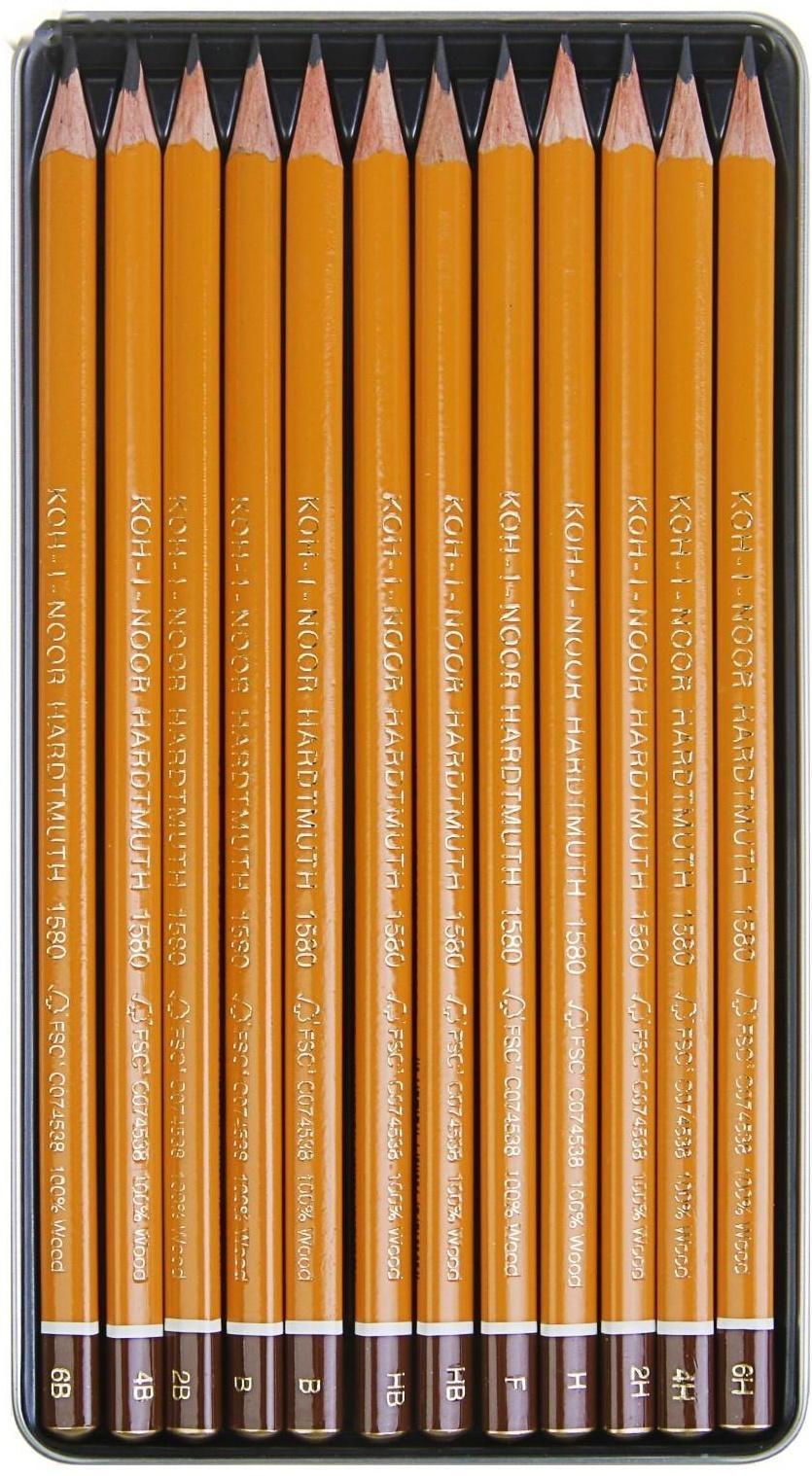 Набор карандашей чернографитных разной твердости 12 штук Koh-I-Noor 1580, 6В-6Н, в металлическом пенале