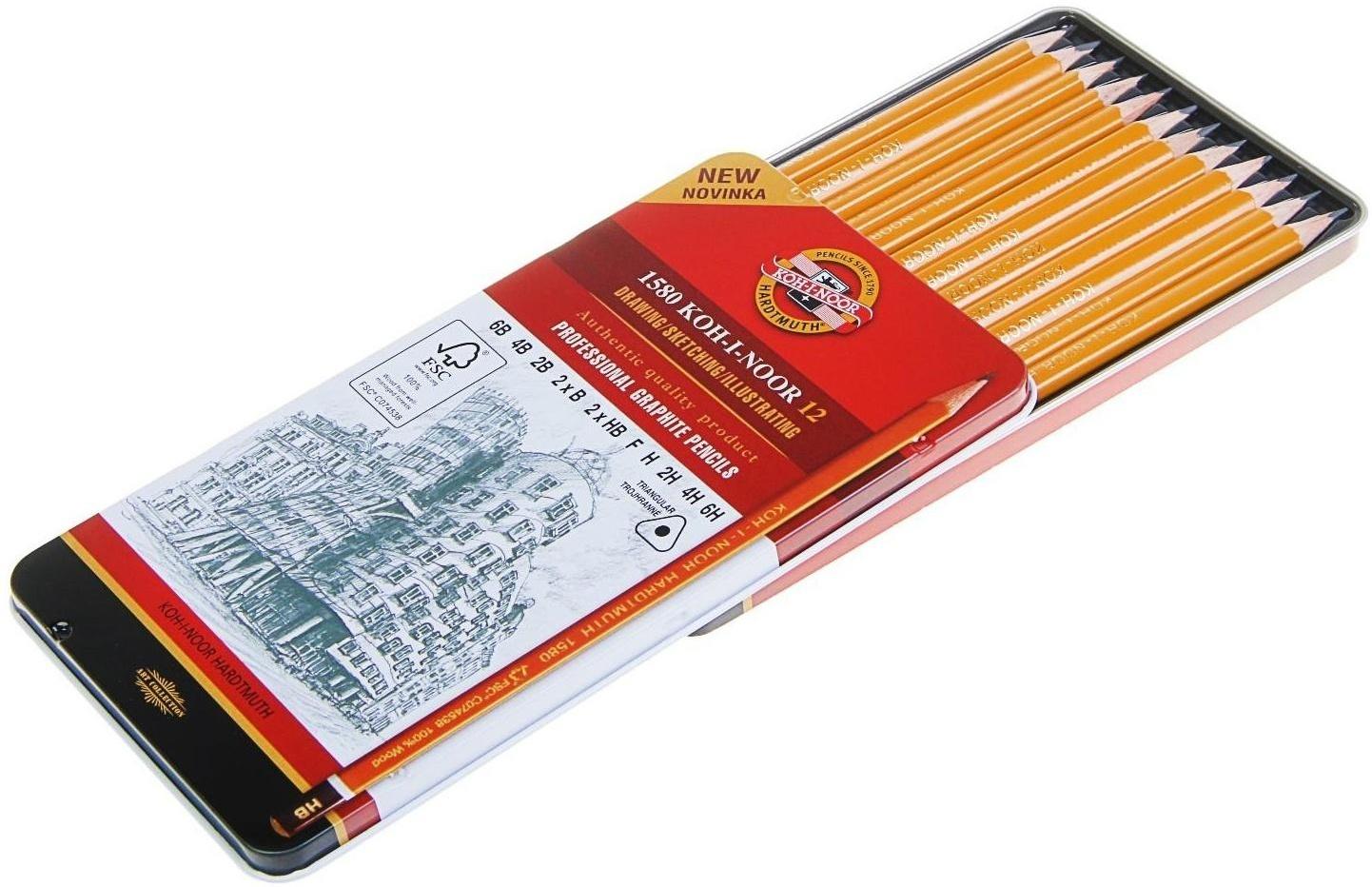 Набор карандашей чернографитных разной твердости 12 штук Koh-I-Noor 1580, 6В-6Н, в металлическом пенале