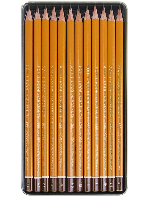 Набор карандашей чернографитных разной твердости 12 штук Koh-I-Noor 1580, 6В-6Н, в металлическом пенале