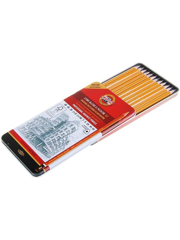 Набор карандашей чернографитных разной твердости 12 штук Koh-I-Noor 1580, 6В-6Н, в металлическом пенале