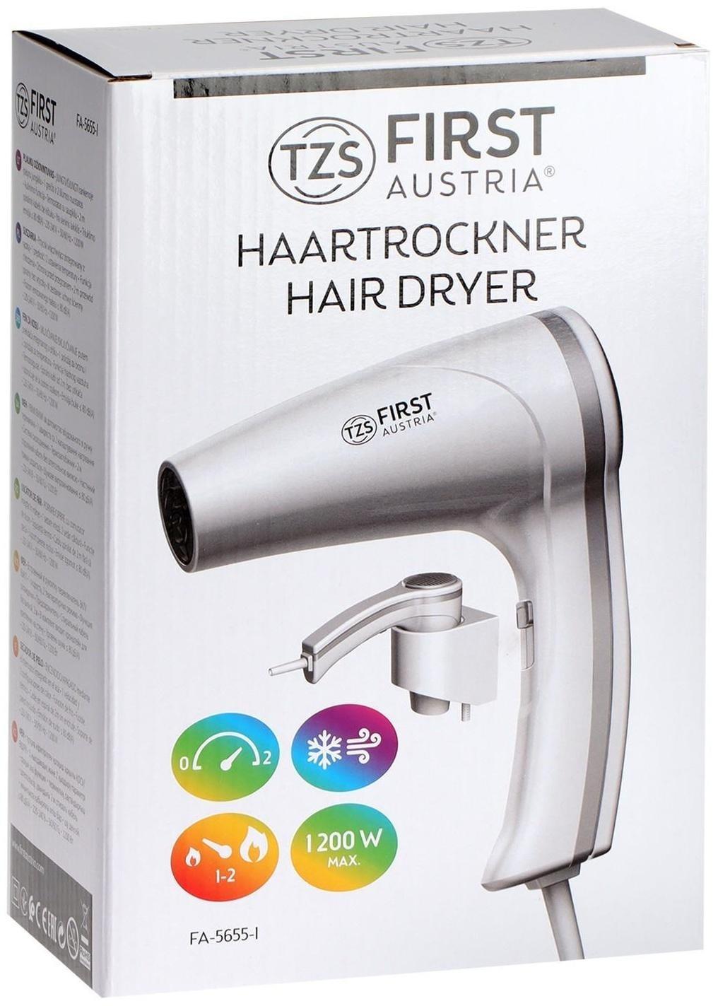 Фен FIRST FA-5655-1, 1200 Вт, крепление на стене, 1 скорость, 2 температурных режима, белый