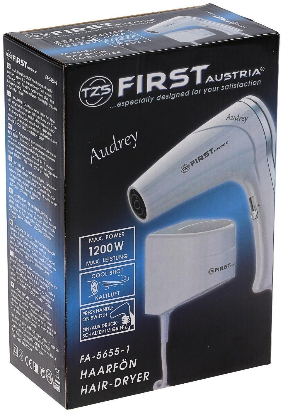 Фен FIRST FA-5655-1, 1200 Вт, крепление на стене, 1 скорость, 2 температурных режима, белый