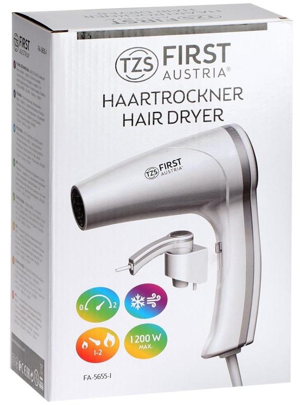 Фен FIRST FA-5655-1, 1200 Вт, крепление на стене, 1 скорость, 2 температурных режима, белый