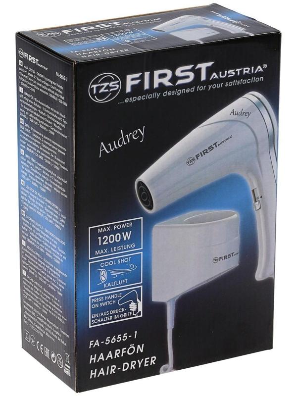 Фен FIRST FA-5655-1, 1200 Вт, крепление на стене, 1 скорость, 2 температурных режима, белый