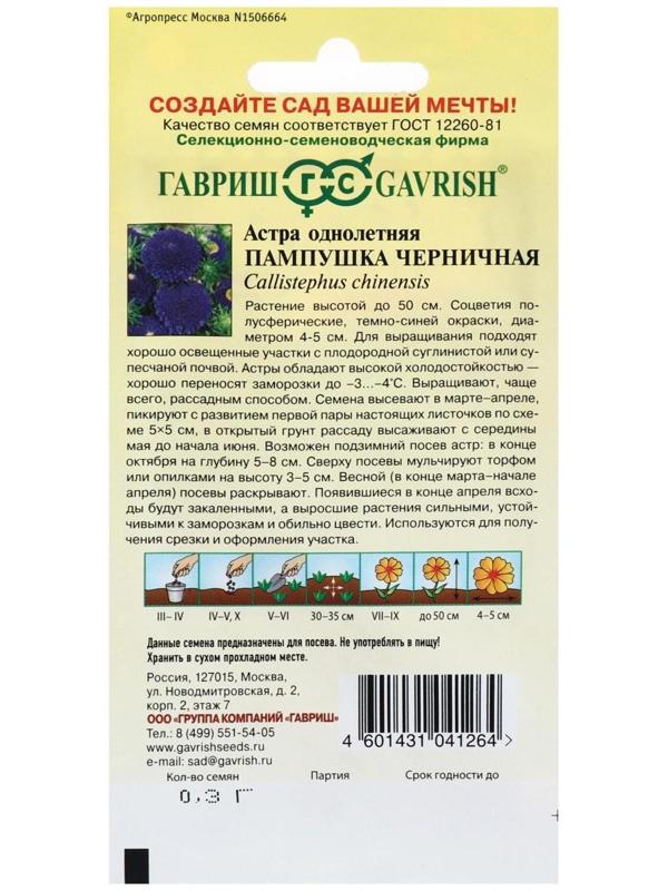 Семена цветов Астра Пампушка черничная, помпонная, О, 0,3 г