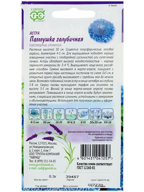 Семена цветов Астра Пампушка голубичная, помпонная, О, 0,3 г