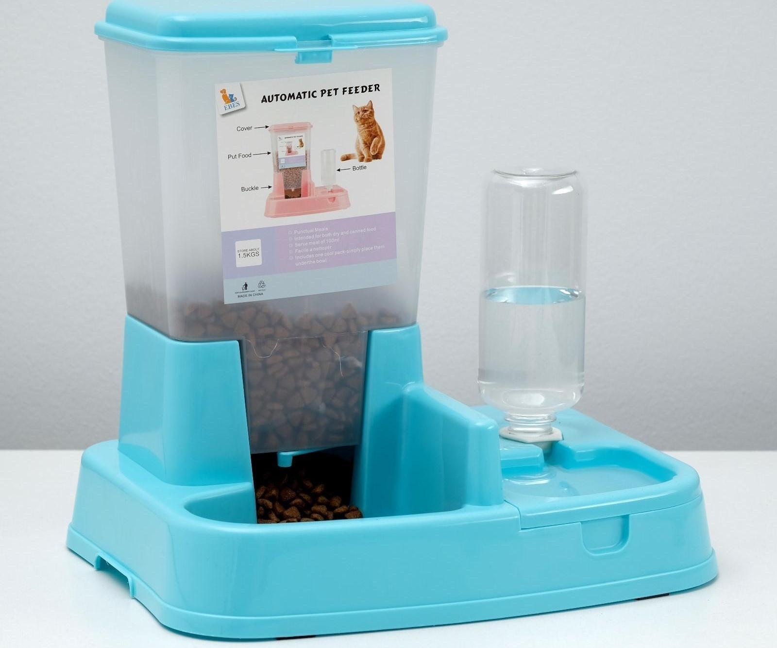 Комплекс: контейнер для корма (1,5 кг), съемная миска и поилка, голубой