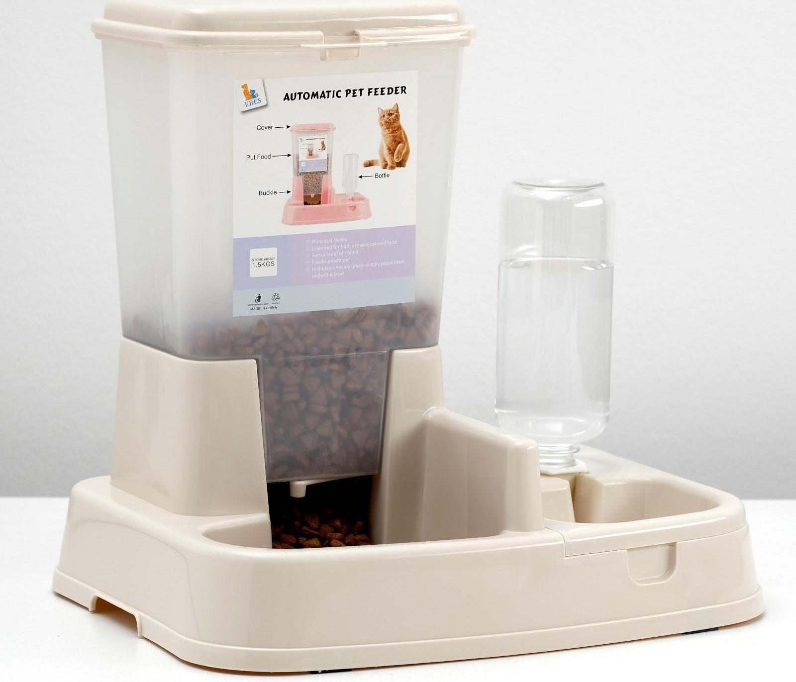 Комплекс: контейнер для корма (1,5 кг), съемная миска и поилка, бежевый