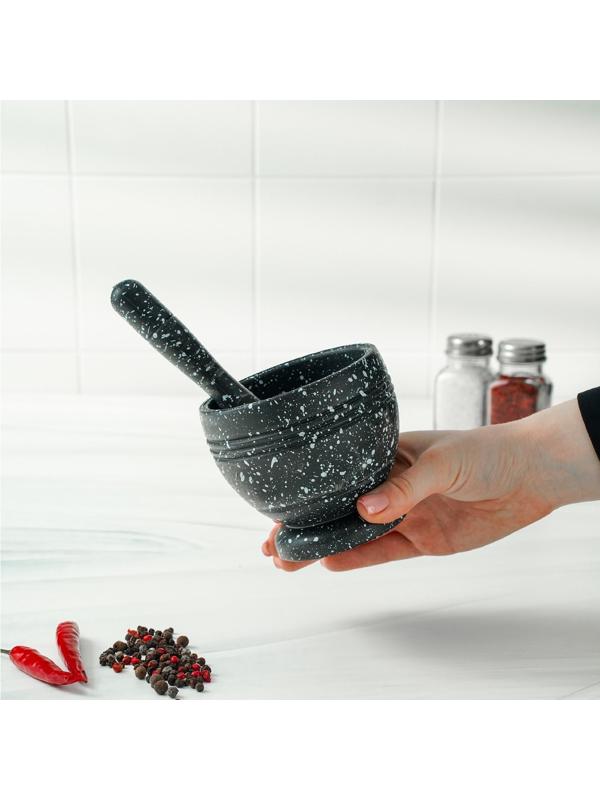 Ступка с пестиком «Чёрный мрамор», пластик, диаметр 10 см